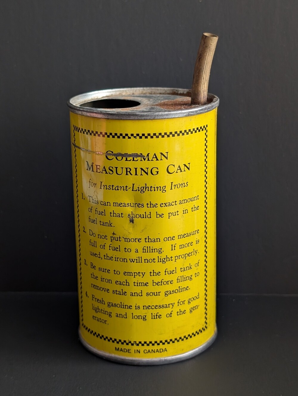 Vintage Coleman Fuel Measuring Can - Yellow Tin Can - Iron And Lantern